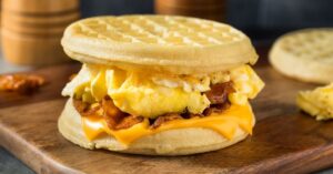 Homemade Breakfast Waffle Sandwich with Bacon and Egg