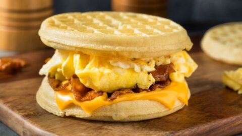 Homemade Breakfast Waffle Sandwich with Bacon and Egg