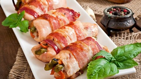 Homemade Chicken Wrapped Turkey Bacon with Beans and Carrots