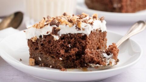 Homemade Moist and Fudgy Heath Bar Cake in a Plate