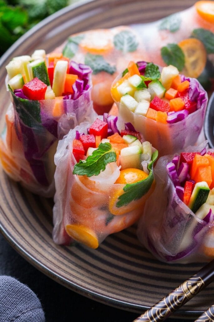 Homemade Spring Rolls with Shrimp, Carrots, Celery and Cabbage