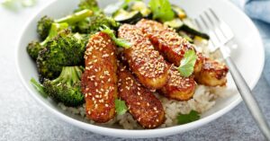 Homemade Teriyaki Tempeh with Rice and Broccoli in a Plate