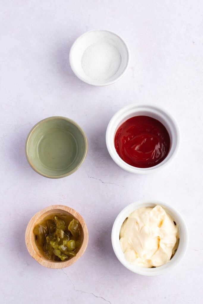 In-N-Out Sauce Ingredients: Mayonnaise, Ketchup, White Vinegar, Granulated Sugar and Sweet Pickle Relish