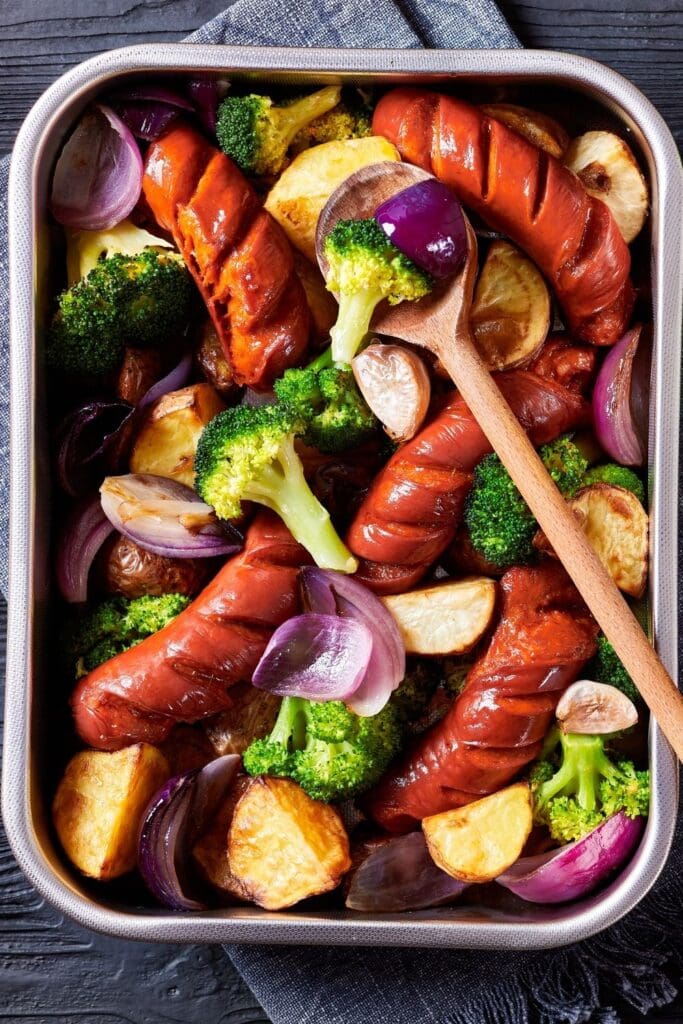 23 Best Keto Sausage Recipes featuring Keto Sausage and Vegetables in a Sheet Pan
