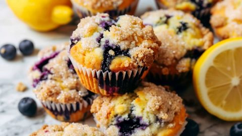 Pile of Lemon Blueberry Muffins on a White Marble Table with Lemons and Blueberries