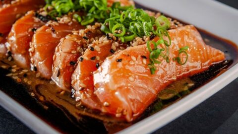 Sashimi Salmon with Sesame Seeds, Shoyu and Miso Sauce
