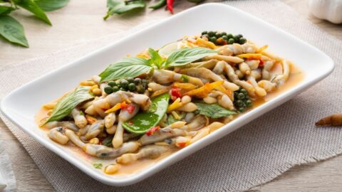 Spicy Razor Clam in a White Plate