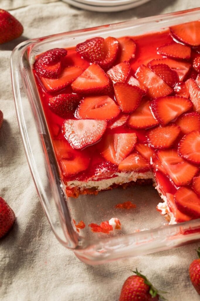 13 Easy Congealed Salads featuring Strawberry Pretzel Salad in a Baking Dish