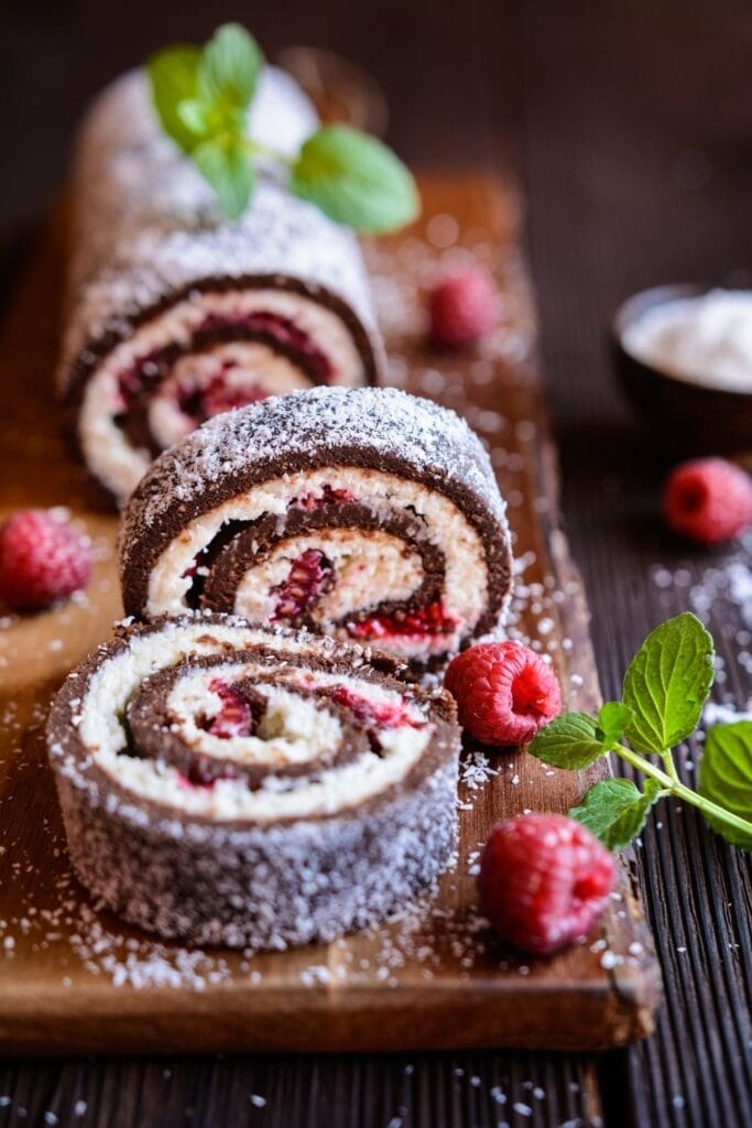 Sweet Chocolate Roulade with Raspberries 