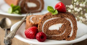 Sweet Homemade Chocolate Cake Roll with Strawberries