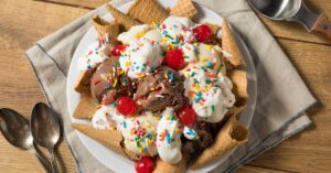 Sweet Homemade Ice Cream Sundae Nachos with Whipped Cream and Sprinkles