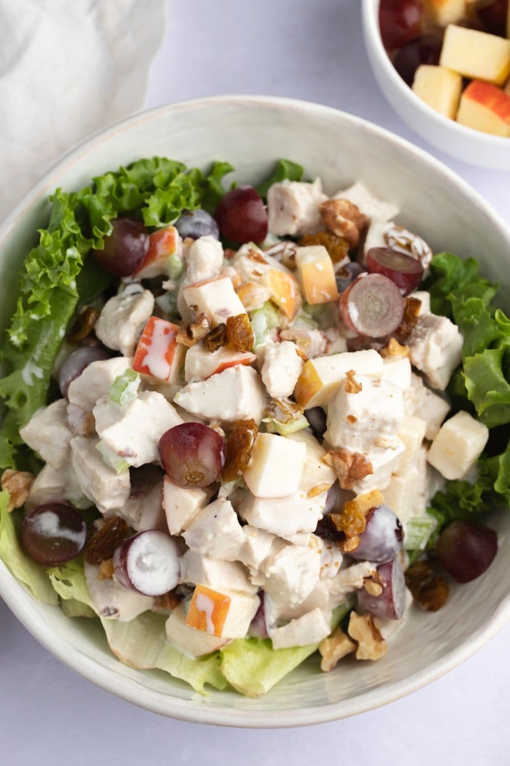 Chicken Waldorf salad mix with apples, grapes, raisins, walnuts and lettuce served on a bowl