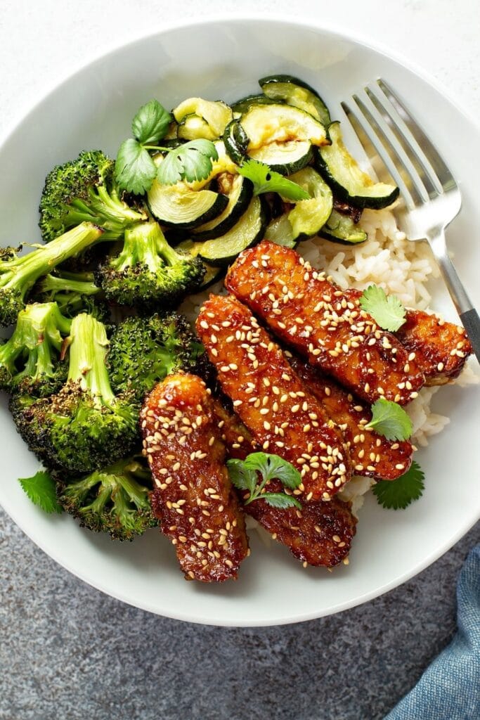 Teriyaki Tempeh with Rice and Roasted Vegetables