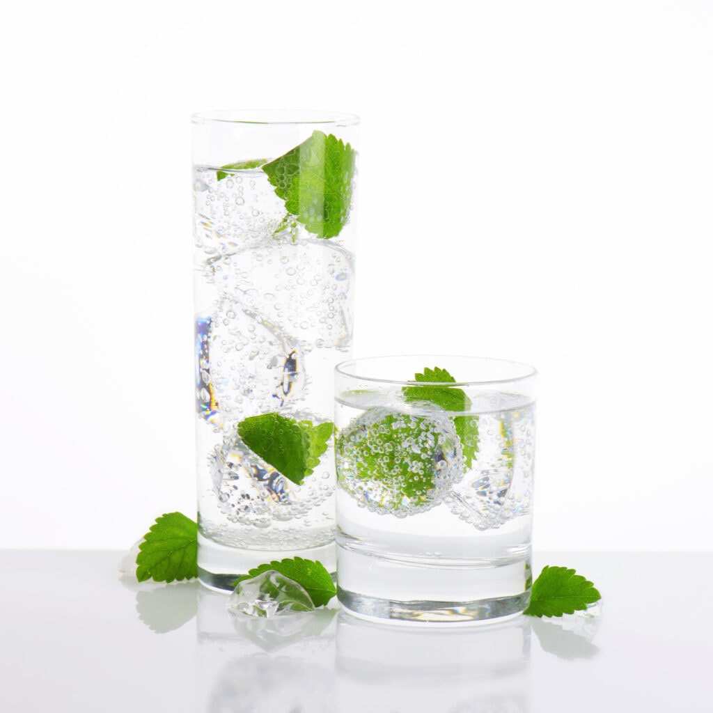 Carbonated Water in a glass with ice and mint