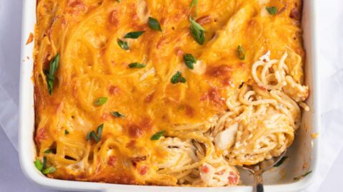 Cheesy Rotel Chicken Spaghetti in a Baking Dish