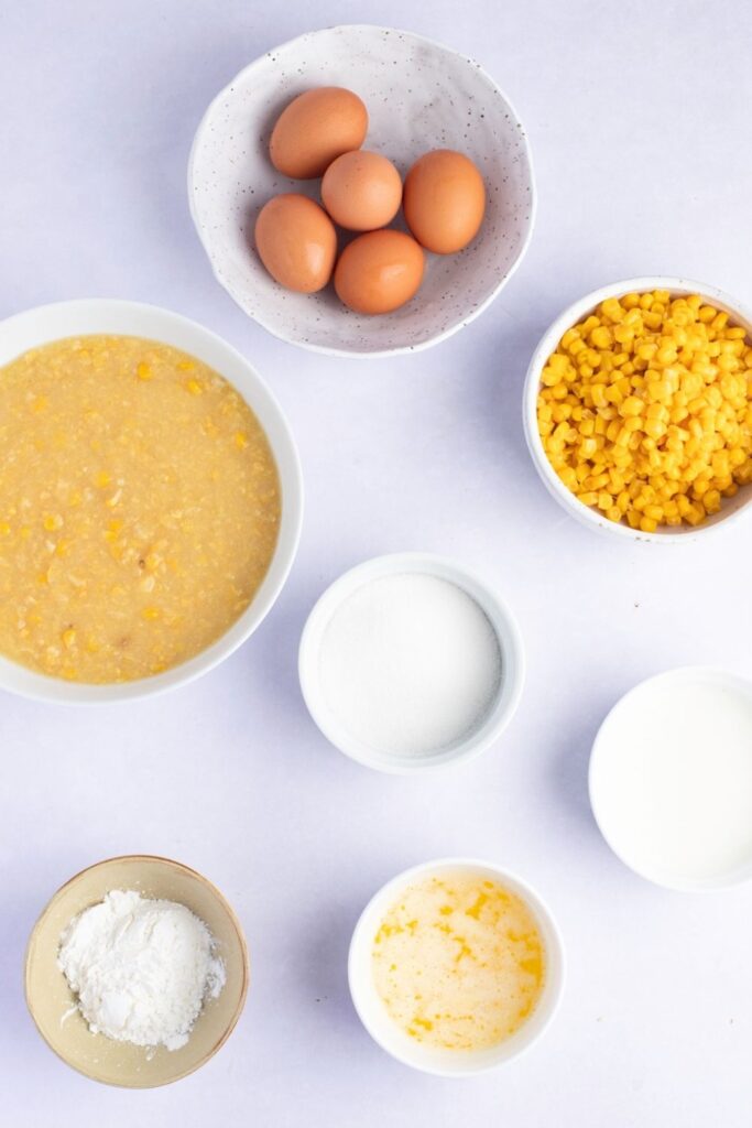 Corn Pudding Ingredients - Eggs, Melted Butter, Sugar, Milk, Cornstarch and Corn