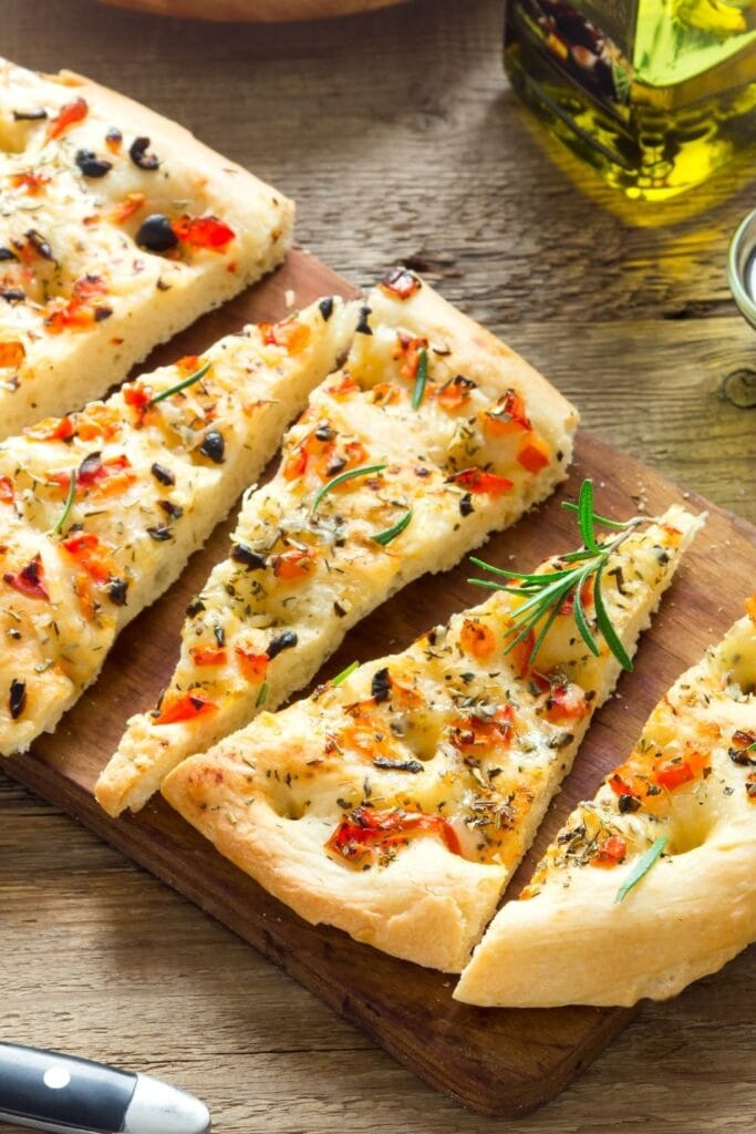 Focaccia Flat Bread with Black Olives, Rosemary and Tomatoes