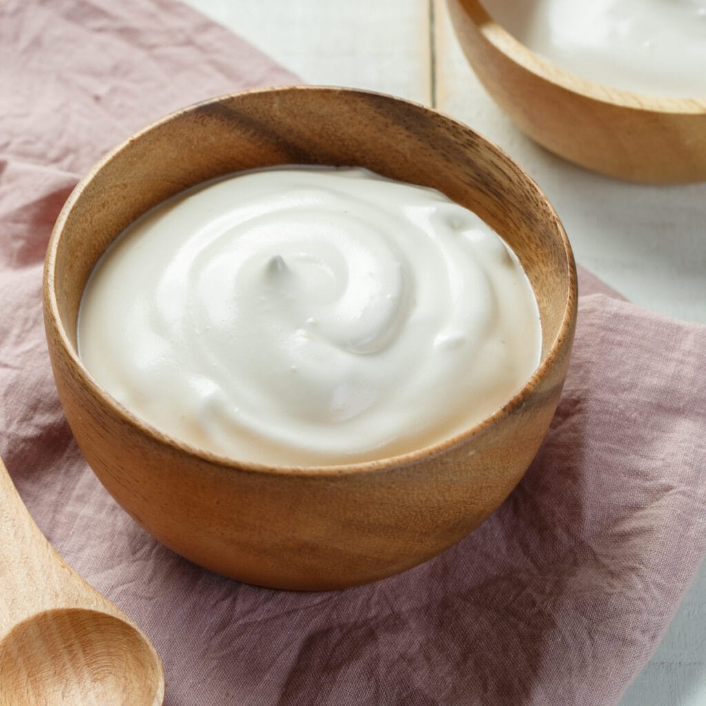 Greek Yogurt in a Wooden Bowl