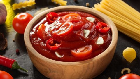 Homemade Chili Tomato Sauce in a Wooden Bowl