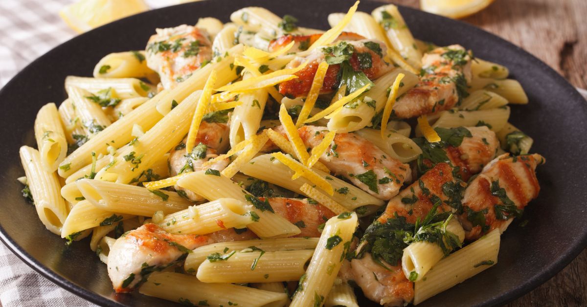 Homemade Penne Pasta with Garlic, Grilled Chicken and Herbs