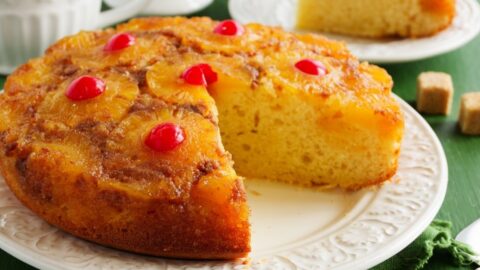 Homemade Pineapple Upside Down Cake in a White Plate