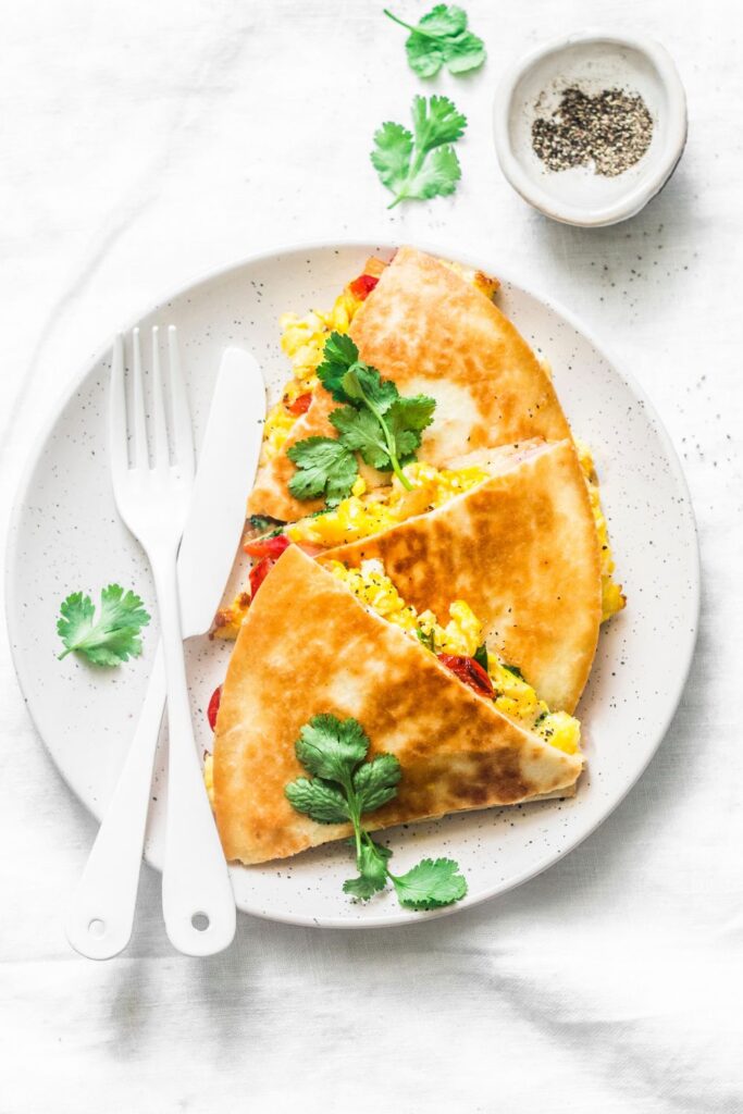 Homemade Scrambled Eggs Quesadillas with Ham and Vegetables