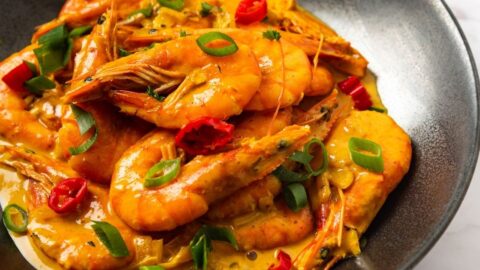 Homemade Spicy Shrimp Curry in a Black Bowl