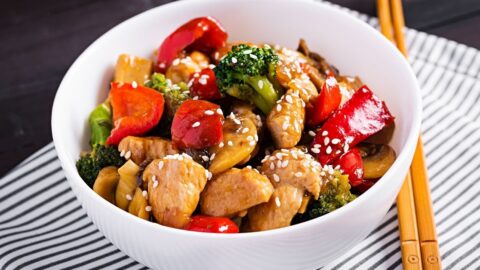 Homemade Stir-Fry Teriyaki Chicken with Vegetables in a Bowl