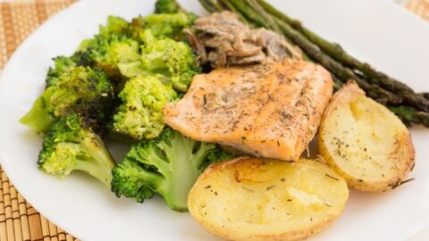 Homemade Trout Fillet Garnished with Broccoli, Asparagus and Potatoes