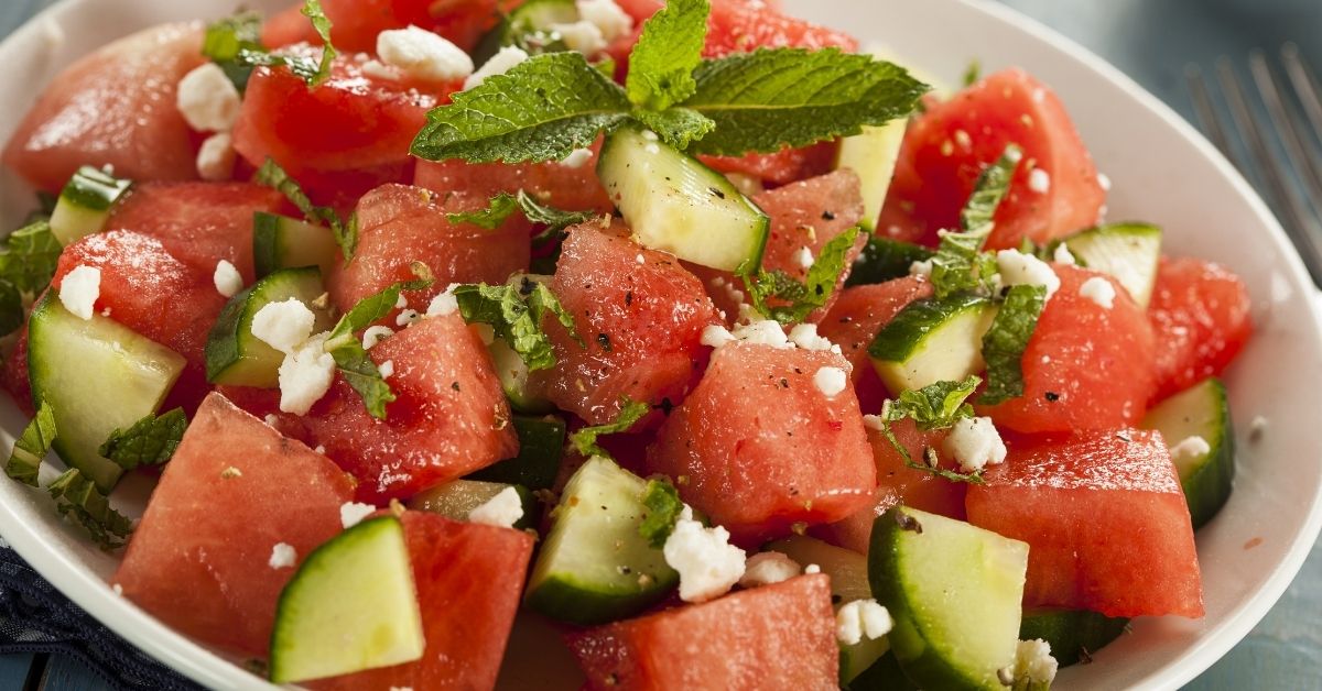 Homemade Watermelon Salad with Cucumber and Feta Cheese