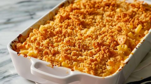 Original Kraft Mac and Cheese in a Casserole Dish on a White Marble Table