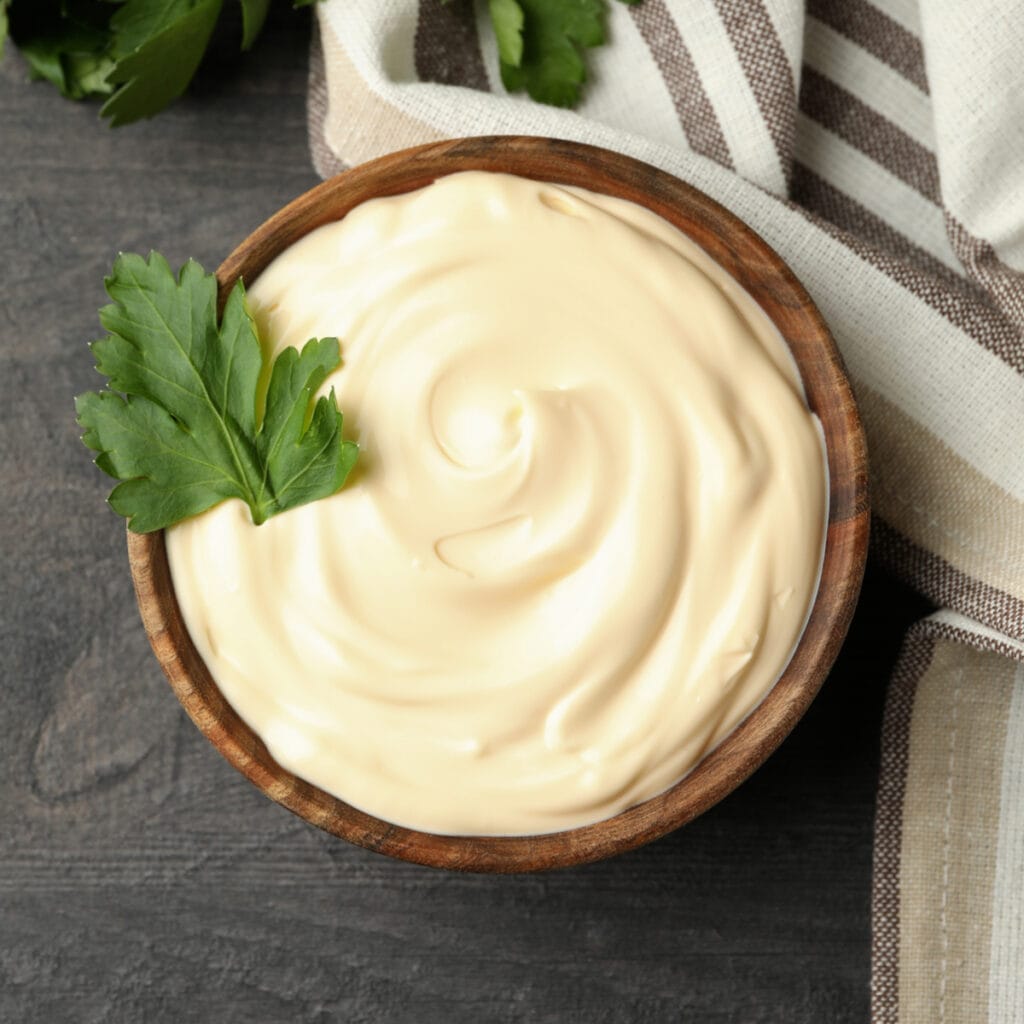 Mayonnaise in a Wooden Bowl