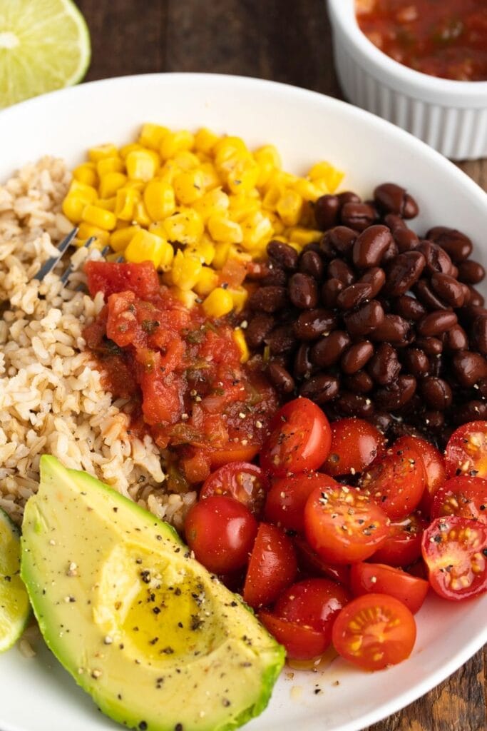 Mexican Buddha Bowl: Tomatoes, Avocados, Rice, Corn and Beans