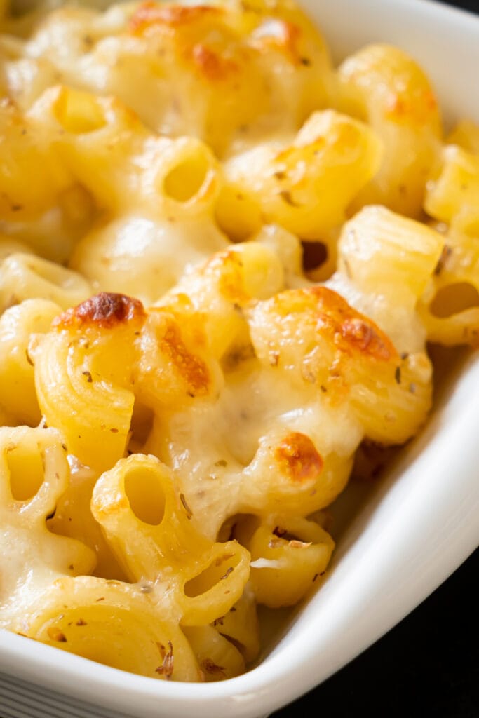 Close-up of Creamy Old Fashioned Macaroni and Cheese in a Baking Dish
