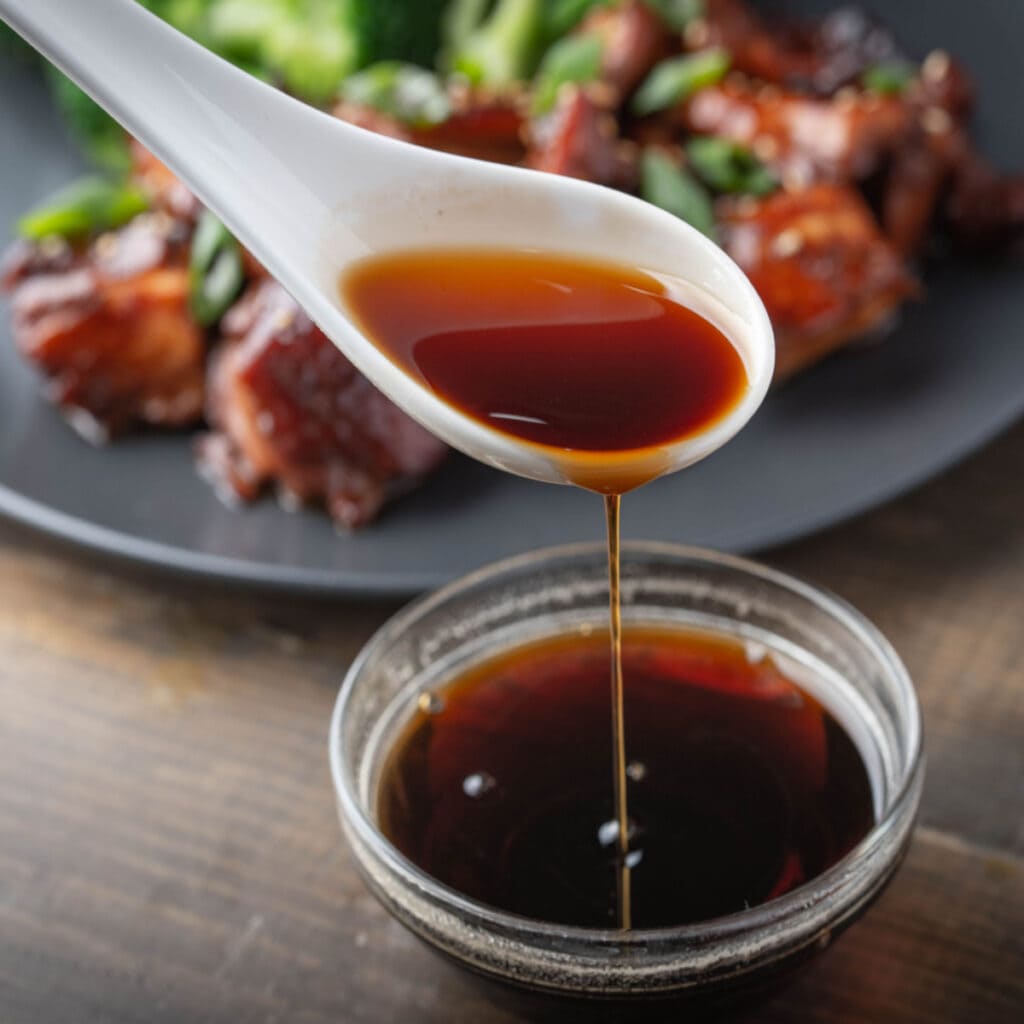 Pouring Teriyaki Sauce from White Spoon