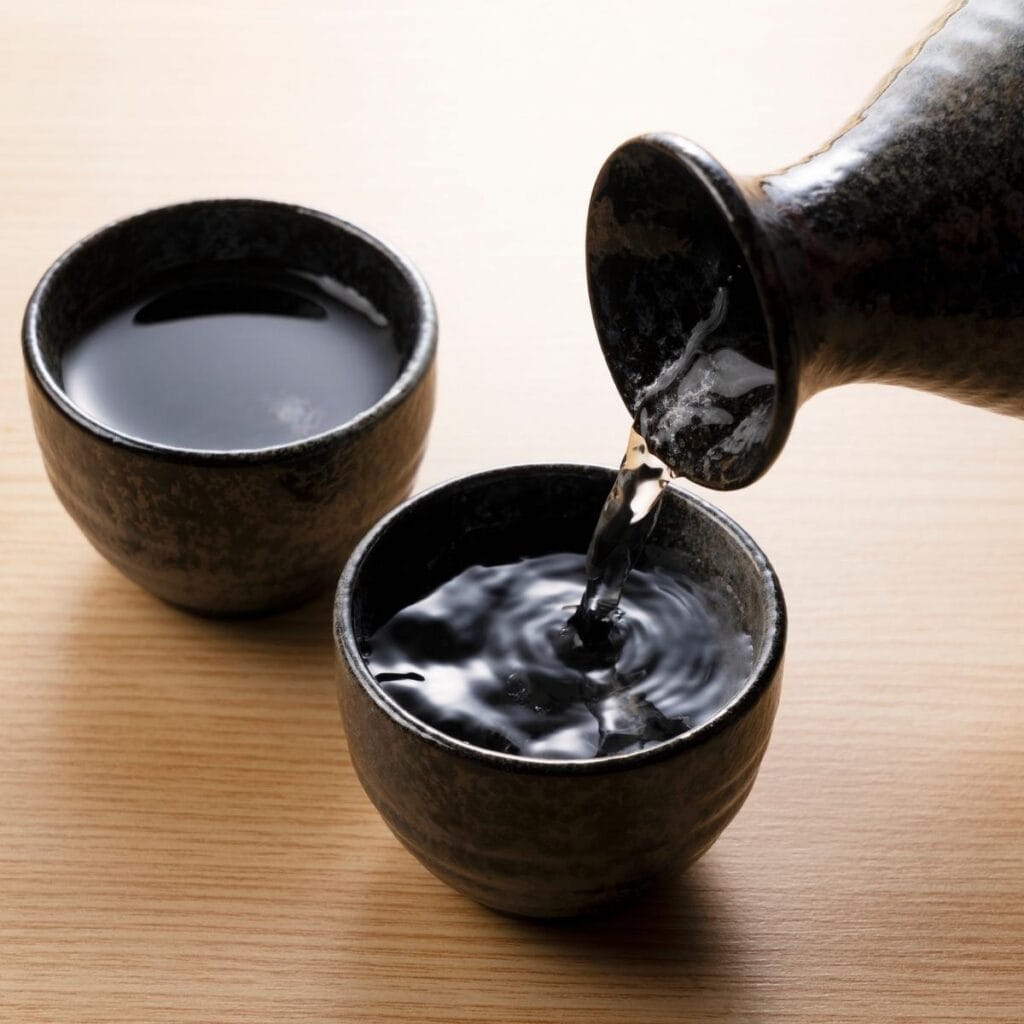 Sake Wine Poured into Wooden Cup