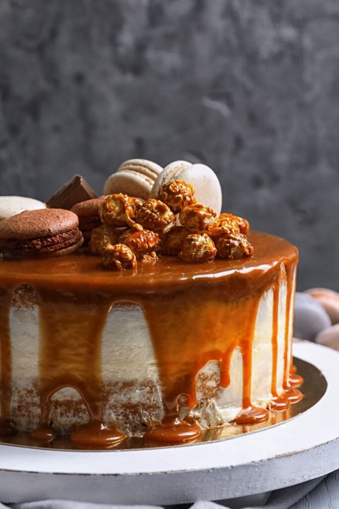 Salted Caramel Cake with Macarons and Popcorn