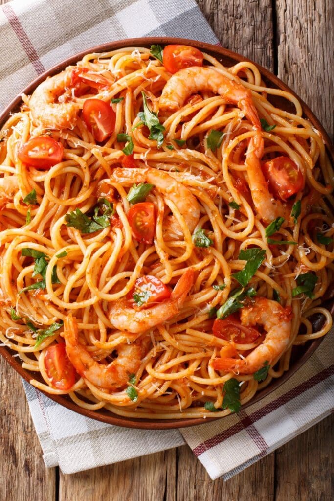 Seafood Pasta with Spaghetti Sauce and Fresh Tomatoes for Good Friday 