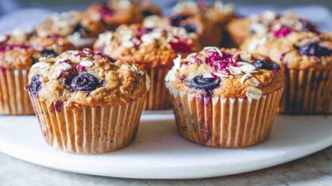 Soft and Fluffy Oatmeal Banana Muffins with Mixed Berries