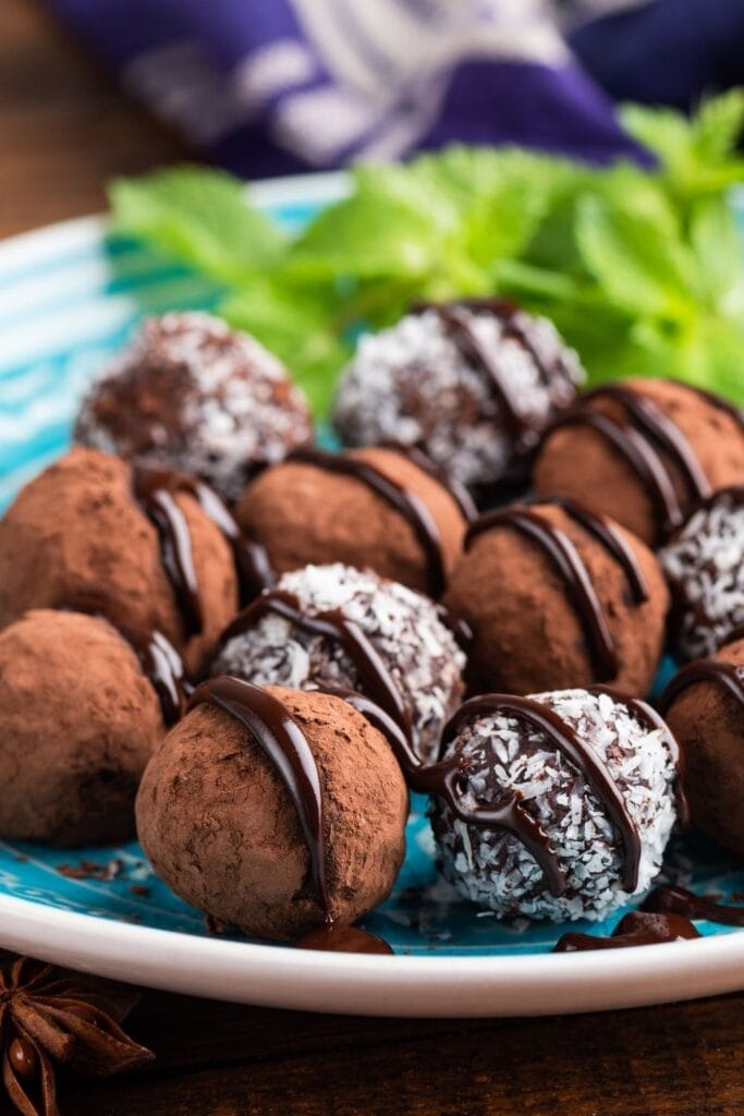 Sweet Chocolate Christmas Truffles with coconut and cocoa powder