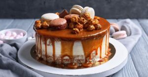 Sweet Homemade Caramel Cake with Macarons