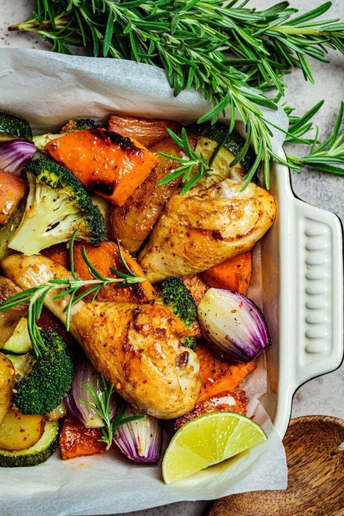 Baked Chicken with Broccoli, Lime, Sweet Potatoes and Onions