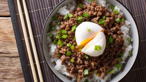 Bowl of Ground Beef and Rice with Egg and Green Onions