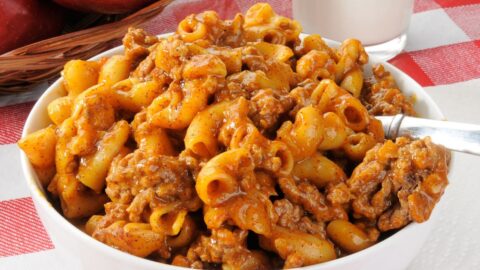 Bowl of Homemade Hamburger Macaroni Salad with Ground Beef