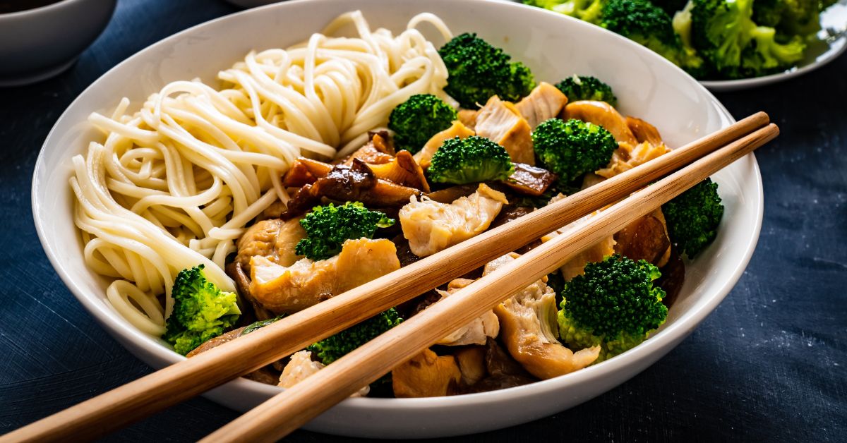 Bowl of Homemade Noodles with Oyster, Mushrooms and Broccoli