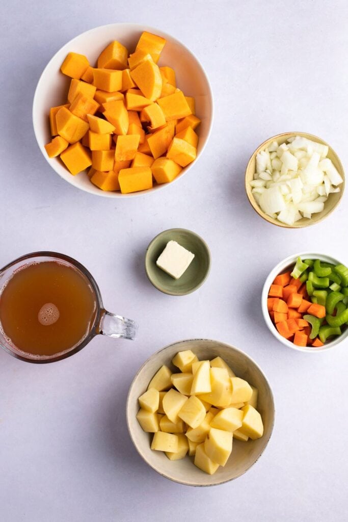 Butternut Squash Soup Ingredients: Butter, Onions, Celery, Carrots, Potatoes, Chicken Stock, Salt and Pepper