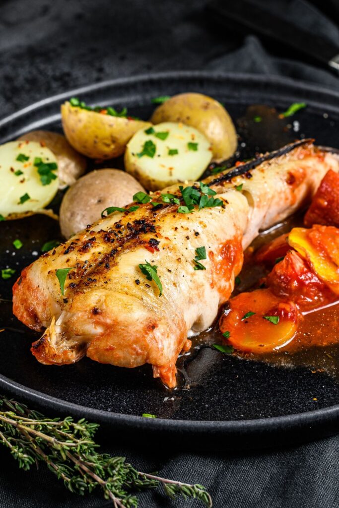 Cooked Monkfish with Tomatoes and Roasted Potatoes
