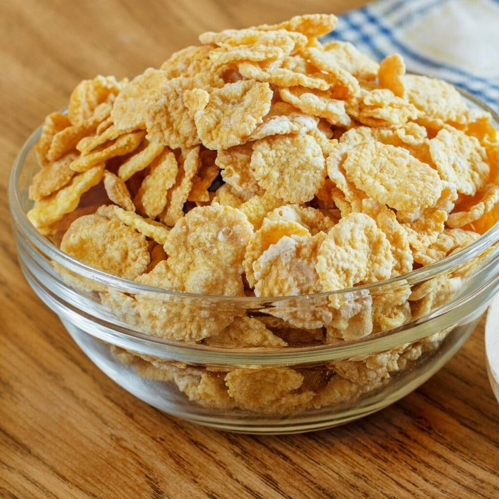 Corn Flakes in a Glass Bowl