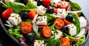 Healthy Greek Salad with Feta, Tomatoes and Black Olives