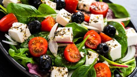 Healthy Greek Salad with Feta, Tomatoes and Black Olives
